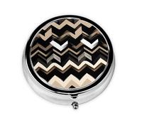 Portable Pill Box 3 Compartments, Round Daily Medicine Organizer for Pocket or Purse, Zigzag Black White Tan Ideal for Morning, Noon and Evening Doses