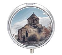 Portable Pill Box 3 Compartments, Small Round Metal Medicine Organizer for Pocket, Armenian Church Pill Case for Vitamins, Fish Oil, Supplement & Travel
