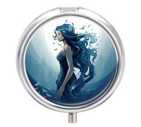 Portable Pill Box 3 Compartments, Small Round Metal Medicine Organizer for Pocket, Blue Mermaid Pill Case for Vitamins, Fish Oil, Supplement & Travel