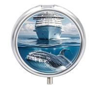 Portable Pill Box 3 Compartments, Small Round Metal Medicine Organizer for Pocket, Cruise Ship Ocean Killer Whale Pill Case for Vitamins, Fish Oil, Supplement & Travel