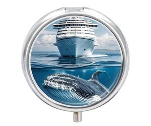 Portable Pill Box 3 Compartments, Small Round Metal Medicine Organizer for Pocket, Cruise Ship Ocean Killer Whale Pill Case for Vitamins, Fish Oil, Supplement & Travel