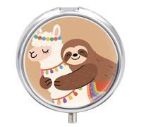 Portable Pill Box 3 Compartments, Small Round Metal Medicine Organizer for Pocket, Cute Sloth and Llama Hug Pill Case for Vitamins, Fish Oil, Supplement & Travel