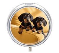 Portable Pill Box 3 Compartments, Small Round Metal Medicine Organizer for Pocket, Cute Two Dachshund Dog Pill Case for Vitamins, Fish Oil, Supplement & Travel