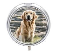 Portable Pill Box 3 Compartments, Small Round Metal Medicine Organizer for Pocket, Golden Retriever Pill Case for Vitamins, Fish Oil, Supplement & Travel