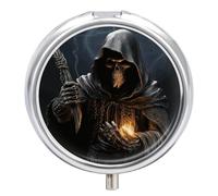 Portable Pill Box 3 Compartments, Small Round Metal Medicine Organizer for Pocket, Grim-Reaper Pill Case for Vitamins, Fish Oil, Supplement & Travel
