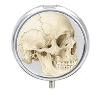 Portable Pill Box 3 Compartments, Small Round Metal Medicine Organizer for Pocket, Human Skeleton Pill Case for Vitamins, Fish Oil, Supplement & Travel