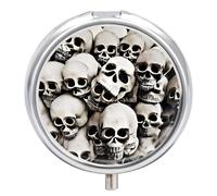 Portable Pill Box 3 Compartments, Small Round Metal Medicine Organizer for Pocket, Mexican Skull Pill Case for Vitamins, Fish Oil, Supplement & Travel