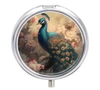 Portable Pill Box 3 Compartments, Small Round Metal Medicine Organizer for Pocket, Oriental Peacock Pattern Pill Case for Vitamins, Fish Oil, Supplement & Travel