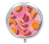 Portable Pill Box 3 Compartments, Small Round Metal Medicine Organizer for Pocket, Peach and Orange Slices Pill Case for Vitamins, Fish Oil, Supplement & Travel