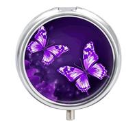 Portable Pill Box 3 Compartments, Small Round Metal Medicine Organizer for Pocket, Purple Butterflies Pill Case for Vitamins, Fish Oil, Supplement & Travel