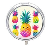 Portable Pill Box 3 Compartments, Small Round Metal Medicine Organizer for Pocket, Rainbow Pineapple Cartoon Pill Case for Vitamins, Fish Oil, Supplement & Travel