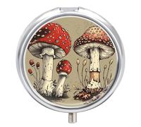 Portable Pill Box 3 Compartments, Small Round Metal Medicine Organizer for Pocket, Red Mushroom Pattern Pill Case for Vitamins, Fish Oil, Supplement & Travel