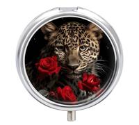 Portable Pill Box 3 Compartments, Small Round Metal Medicine Organizer for Pocket, Rose Leopard Pill Case for Vitamins, Fish Oil, Supplement & Travel