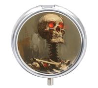 Portable Pill Box 3 Compartments, Small Round Metal Medicine Organizer for Pocket, Skeleton with Red Eyes Pill Case for Vitamins, Fish Oil, Supplement & Travel