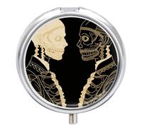 Portable Pill Box 3 Compartments, Small Round Metal Medicine Organizer for Pocket, Skeletons with Different Faces Pill Case for Vitamins, Fish Oil, Supplement & Travel