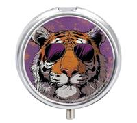 Portable Pill Box 3 Compartments, Small Round Metal Medicine Organizer for Pocket, Tiger Wearing Sunglasses Pill Case for Vitamins, Fish Oil, Supplement & Travel