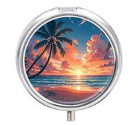Portable Pill Box 3 Compartments, Small Round Metal Medicine Organizer for Pocket, Tropical Beach Palms Pill Case for Vitamins, Fish Oil, Supplement & Travel