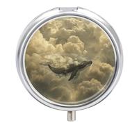 Portable Pill Box 3 Compartments, Small Round Metal Medicine Organizer for Pocket, Whale in The Clouds Pill Case for Vitamins, Fish Oil, Supplement & Travel