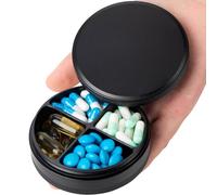 Portable Pill Box 4 Compartments - Metal Daily Travel Pill Case Waterproof, Pill Container for Purse, Compact Travel Medicine Pill Dispensers for Vitamin, Cod Liver Oil, Supplement (Black)
