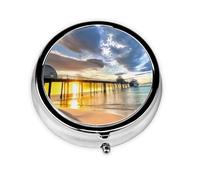 Portable Pill Box Beach Bridge Clouds Sunset 3 Compartment Medicine Pill Case Holder, Cute Travel Daily Pill Case, Round Small Medicine Organizer Travel Pillbox for Purse & Pocket