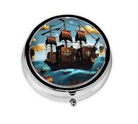 Portable Pill Box, Cartoon Pirate Ship Mini Round Pill Box, can be Put into Wallet, Pocket, Lightweight and Convenient 3 Compartment Pill Box