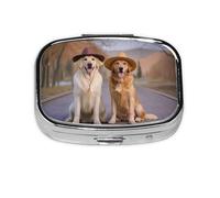 Portable Pill Box Golden Retriever Dogs Puppies 2 Compartment Medicine Pill Case Holder, Cute Travel Daily Pill Case, Square Small Medicine Organizer Travel Pillbox for Purse & Pocket