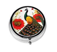 Portable Pill Box, Peacock Red Flower Mini Round Pill Box, can be Put into Wallet, Pocket, Lightweight and Convenient 3 Compartment Pill Box