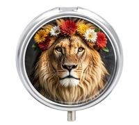 Portable Pill Box Pill Case African Lion Wearing A Flower on Its Head Travel Pill Box Small Pill Case Daily Pill Container Pill Organizer Pocket Medicine Box Cute Pill Case