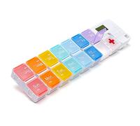 Portable Pill Box with Smart Reminder Alarm, 14 Grids Intelligent Electronic Digital Timer AM and PM Medicine Dispenser, Weakly Pill Organiser for Outdoor Travel Work