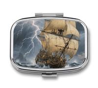 Portable Pill Organizer Ancient Sailing Ship in Storm Small Pill Box 2 Compartment Medicine Vitamin Organizer Travel Medicine Organizer with Mirror & Button Closure Cute Medication Case for Purse