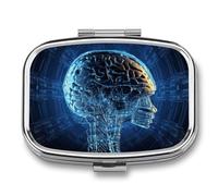 Portable Pill Organizer Artificial Intelligence Brain Small Pill Box 2 Compartment Medicine Vitamin Organizer Travel Medicine Organizer with Mirror & Button Closure Cute Medication Case for Purse