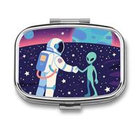 Portable Pill Organizer Astronaut Meets Alien Small Pill Box 2 Compartment Medicine Vitamin Organizer Travel Medicine Organizer with Mirror & Button Closure Cute Medication Case for Purse