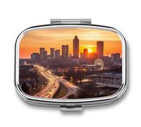 Portable Pill Organizer Atlanta City Sunset Landscape Small Pill Box 2 Compartment Medicine Vitamin Organizer Travel Medicine Organizer with Mirror & Button Closure Cute Medication Case for Purse