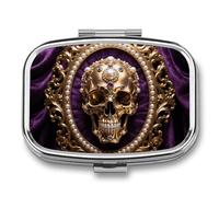 Portable Pill Organizer Baroque Metal Skull Small Pill Box 2 Compartment Medicine Vitamin Organizer Travel Medicine Organizer with Mirror & Button Closure Cute Medication Case for Purse