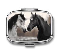 Portable Pill Organizer Black and White Horses Small Pill Box 2 Compartment Medicine Vitamin Organizer Travel Medicine Organizer with Mirror & Button Closure Cute Medication Case for Purse