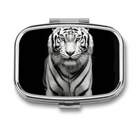 Portable Pill Organizer Black and White Tiger Small Pill Box 2 Compartment Medicine Vitamin Organizer Travel Medicine Organizer with Mirror & Button Closure Cute Medication Case for Purse