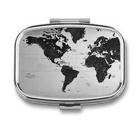 Portable Pill Organizer Black and White World Map Small Pill Box 2 Compartment Medicine Vitamin Organizer Travel Medicine Organizer with Mirror & Button Closure Cute Medication Case for Purse
