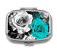Portable Pill Organizer Black White Teal Gray Rose Flowers Small Pill Box 2 Compartment Medicine Vitamin Organizer Travel Medicine Organizer with Mirror & Button Closure Cute Medication Case for Purse