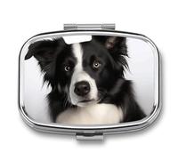 Portable Pill Organizer Border Collie Small Pill Box 2 Compartment Medicine Vitamin Organizer Travel Medicine Organizer with Mirror & Button Closure Cute Medication Case for Purse