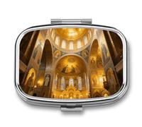 Portable Pill Organizer Byzantine Golden Church Small Pill Box 2 Compartment Medicine Vitamin Organizer Travel Medicine Organizer with Mirror & Button Closure Cute Medication Case for Purse