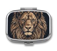 Portable Pill Organizer Cartoon Lion Small Pill Box 2 Compartment Medicine Vitamin Organizer Travel Medicine Organizer with Mirror & Button Closure Cute Medication Case for Purse