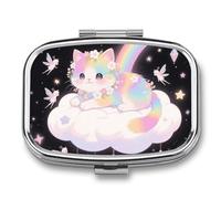 Portable Pill Organizer Cat on The Cloud Small Pill Box 2 Compartment Medicine Vitamin Organizer Travel Medicine Organizer with Mirror & Button Closure Cute Medication Case for Purse