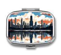 Portable Pill Organizer Chicago Skyline Small Pill Box 2 Compartment Medicine Vitamin Organizer Travel Medicine Organizer with Mirror & Button Closure Cute Medication Case for Purse
