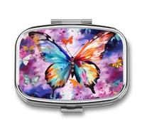 Portable Pill Organizer Colorful Butterfly Small Pill Box 2 Compartment Medicine Vitamin Organizer Travel Medicine Organizer with Mirror & Button Closure Cute Medication Case for Purse