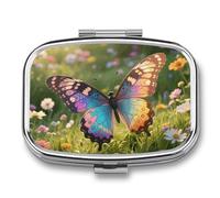 Portable Pill Organizer Colorful Butterfly Small Pill Box 2 Compartment Medicine Vitamin Organizer Travel Medicine Organizer with Mirror & Button Closure Cute Medication Case for Purse