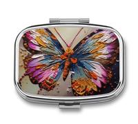 Portable Pill Organizer Embroidery Colorful Butterfly Small Pill Box 2 Compartment Medicine Vitamin Organizer Travel Medicine Organizer with Mirror & Button Closure Cute Medication Case for Purse