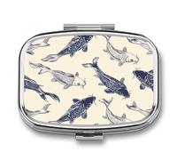 Portable Pill Organizer Fish Small Pill Box 2 Compartment Medicine Vitamin Organizer Travel Medicine Organizer with Mirror & Button Closure Cute Medication Case for Purse