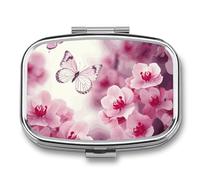 Portable Pill Organizer Flowers and Butterfly Small Pill Box 2 Compartment Medicine Vitamin Organizer Travel Medicine Organizer with Mirror & Button Closure Cute Medication Case for Purse