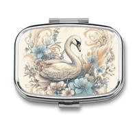 Portable Pill Organizer Flowers and Swans Small Pill Box 2 Compartment Medicine Vitamin Organizer Travel Medicine Organizer with Mirror & Button Closure Cute Medication Case for Purse