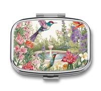 Portable Pill Organizer Garden with Birds and Flowers Small Pill Box 2 Compartment Medicine Vitamin Organizer Travel Medicine Organizer with Mirror & Button Closure Cute Medication Case for Purse